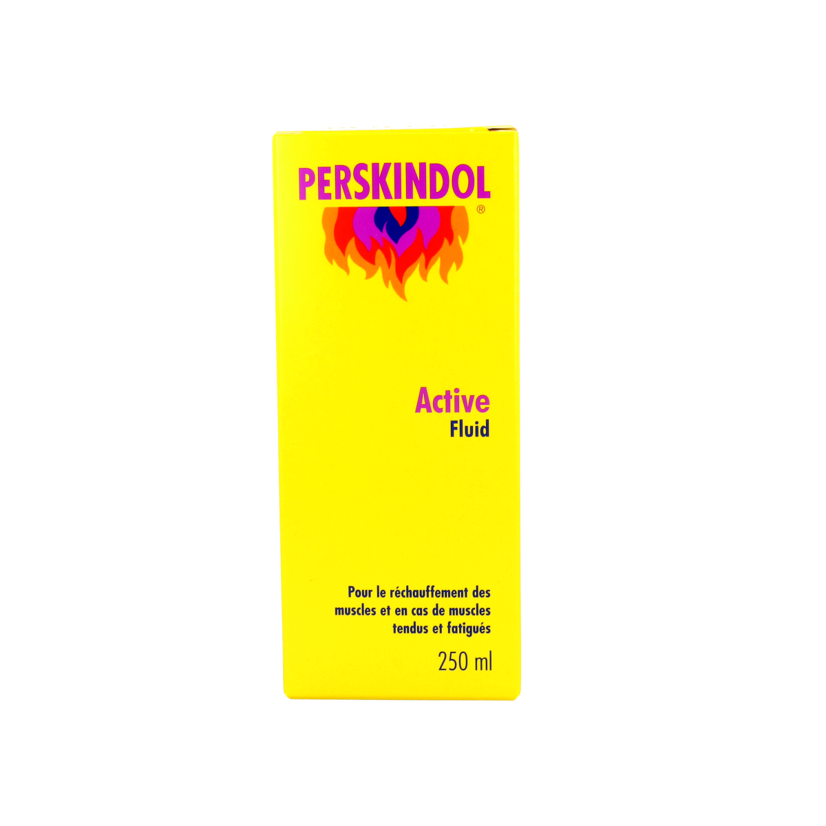Perskindol Active fluid 250ml for muscle and joint care, featuring a clear bottle with blue and white label, designed for soothing relief.