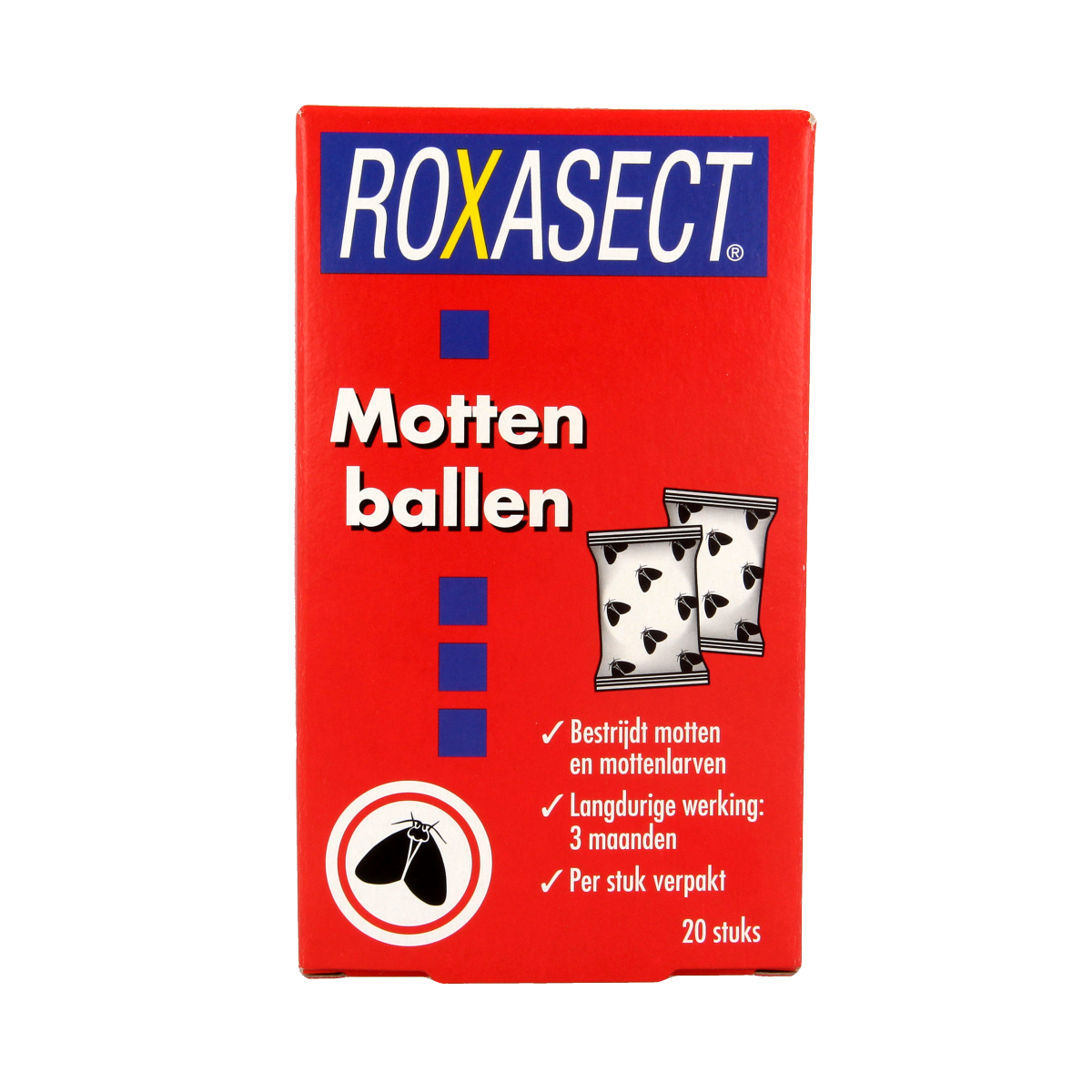 Roxasect Mottenballen pesticide, 20 pieces, pest control product for moth prevention, in a clear packaging with white balls.