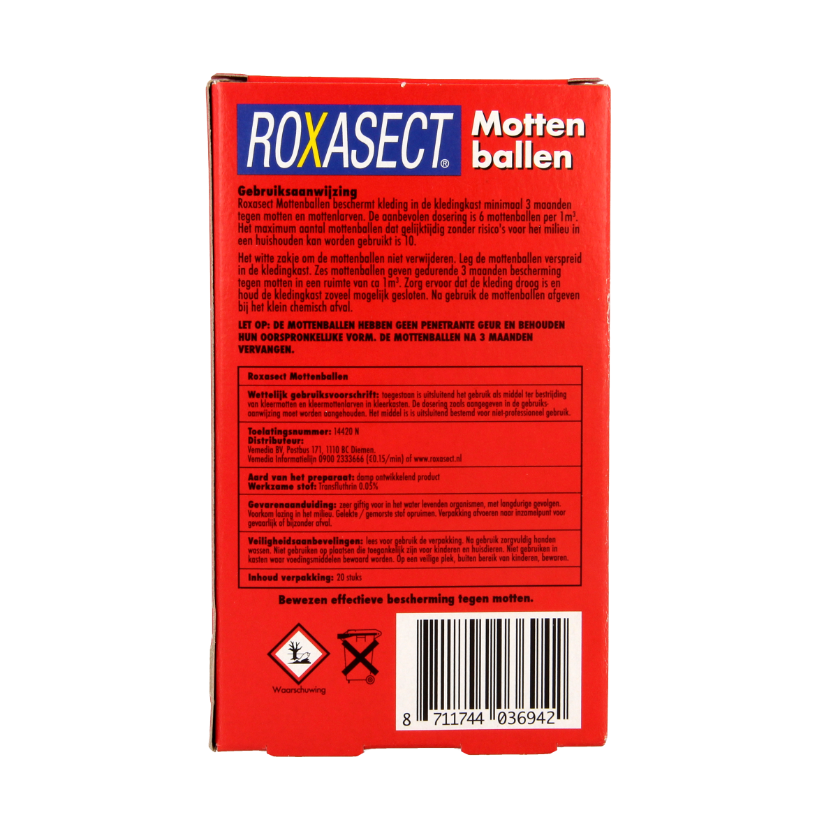 Roxasect pest control mothballs in a container, designed to eliminate moths and pests from storage areas.