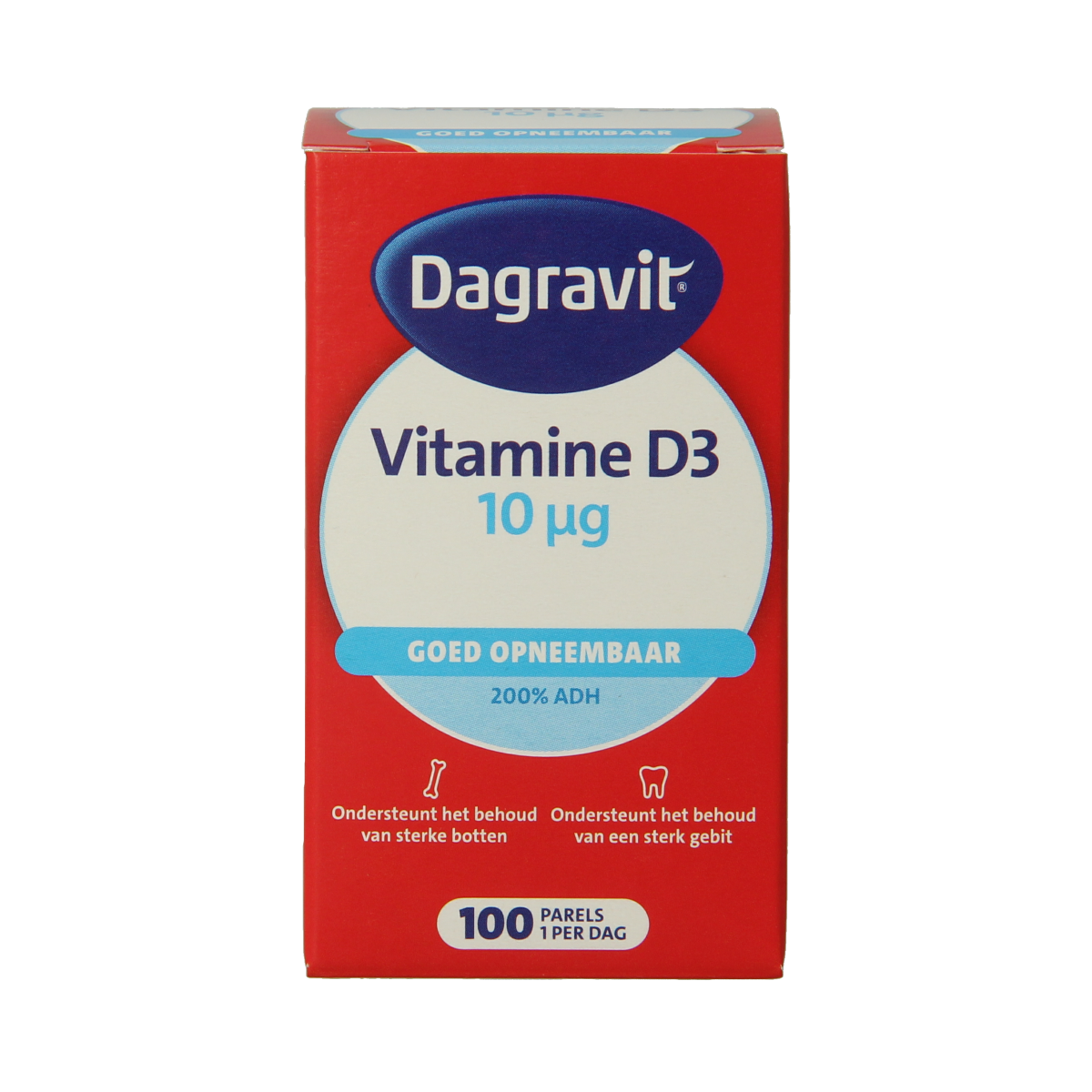 Dagravit Vitamin D pearls 400IU, 100-count bottle, showing small, round vitamin capsules in a clear container.