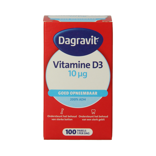 Dagravit Vitamin D pearls 400IU, 100-count bottle, showing small, round vitamin capsules in a clear container.