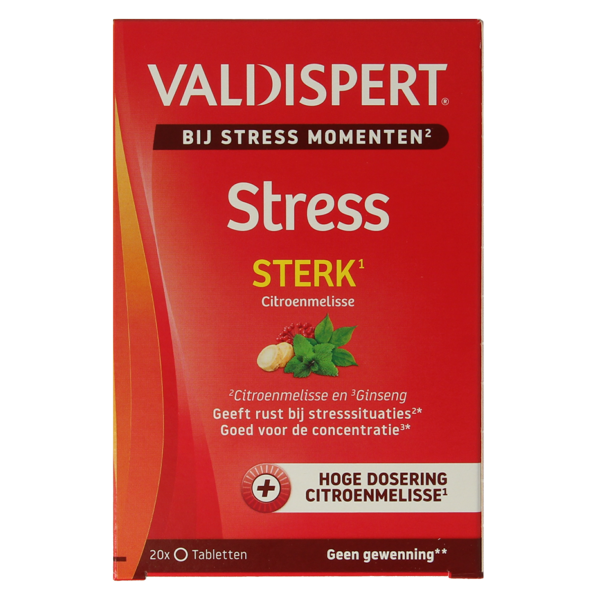 Valdispert Stress Moments Sterk herbal supplement tablets in a blister pack, natural ingredients for stress relief.
