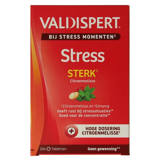 Valdispert Stress Moments Sterk herbal supplement tablets in a blister pack, natural ingredients for stress relief.