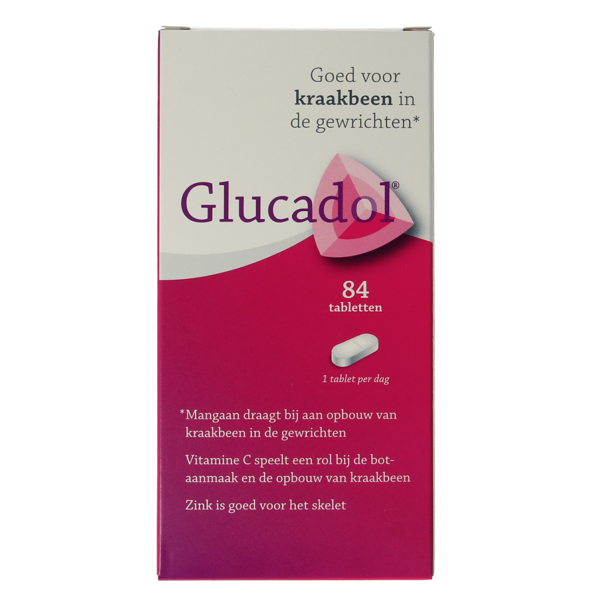 Glucadol Vitamine Multi mineralen supplement with 84 tablets, showing the colorful packaging and tablets inside.