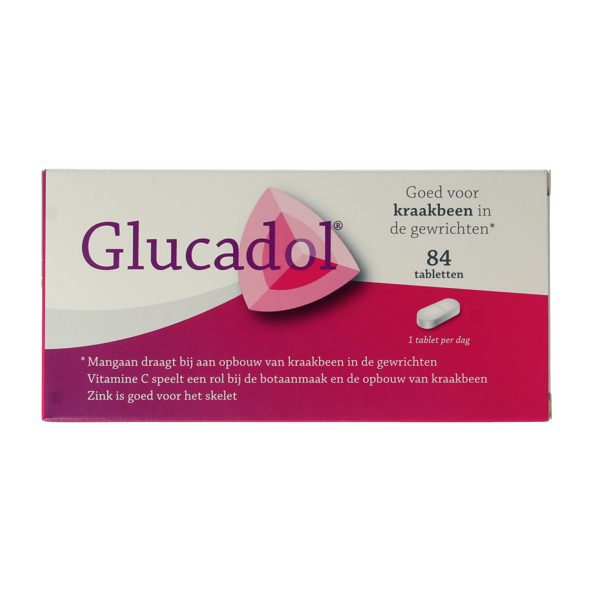 Glucadol multivitamin mineral tablets container with 84 tablets, showing the label and product packaging.