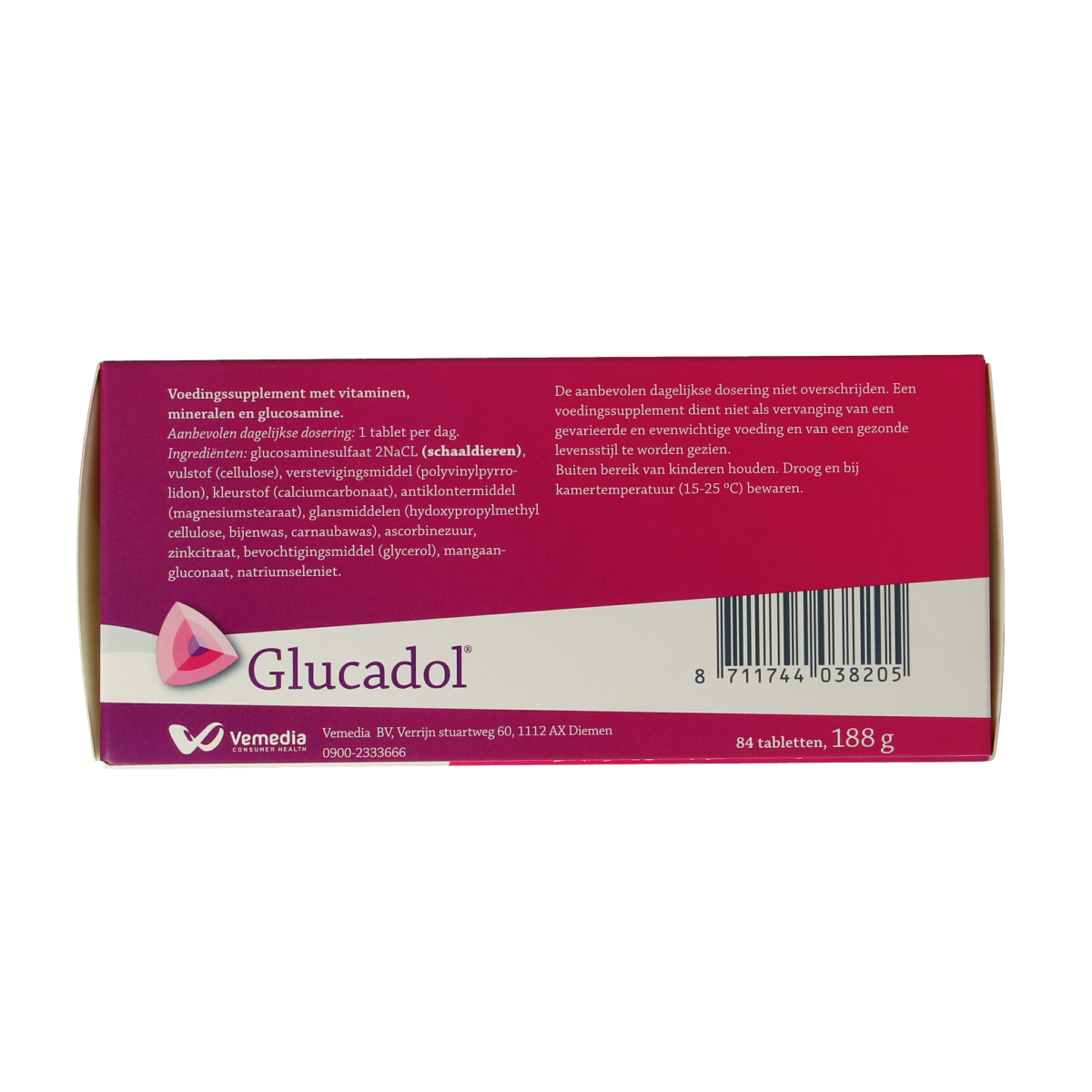 Glucadol Vitamine Multi mineral supplement in a bottle of 84 tablets, showing colorful tablets inside.