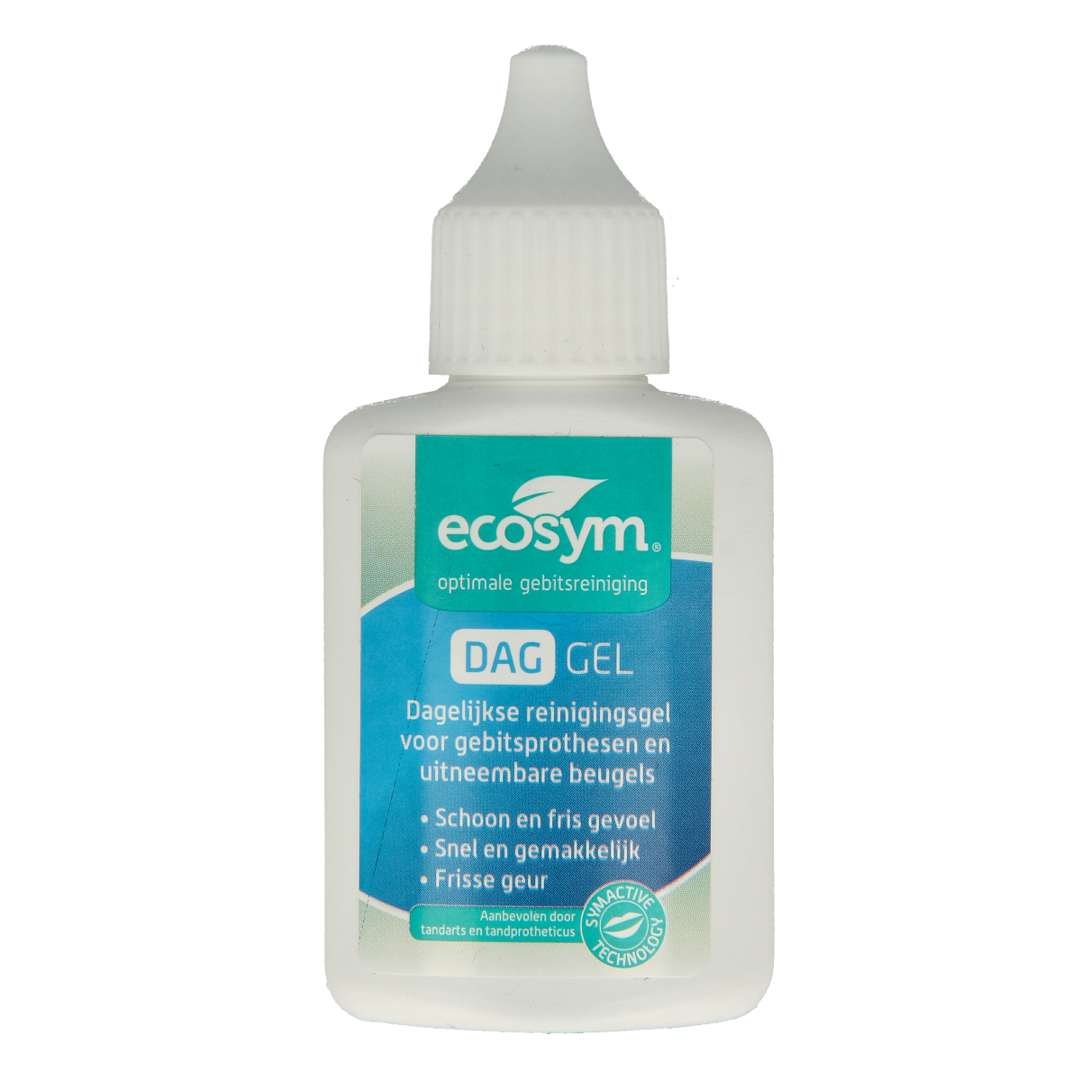 Ecosym Dagbehandeling gel mini for dental prostheses, 10ml bottle, clear gel applied to prosthetic device for oral care.