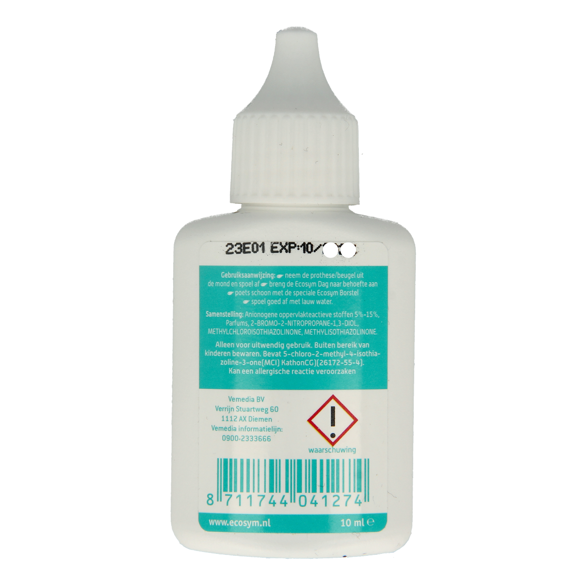 Ecosym Dagbehandeling gel mini 10ml for dental prostheses, showing the small tube of dental treatment gel.