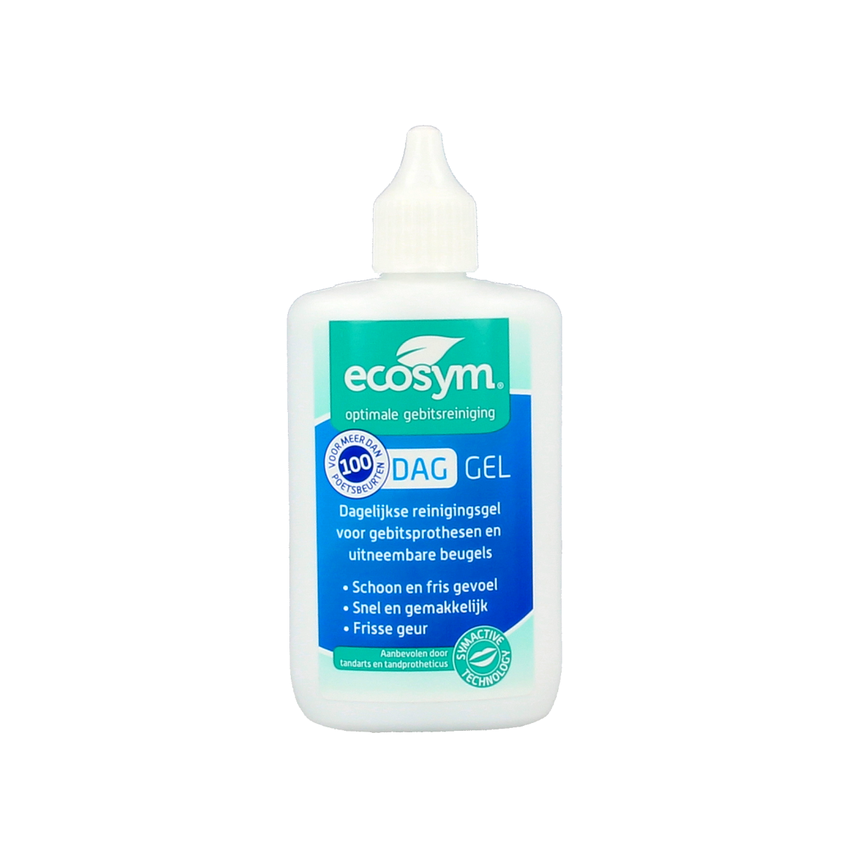 Ecosym Dagbehandeling gel for prostheses, 100ml bottle, showing the clear gel inside a transparent container with the label visible.