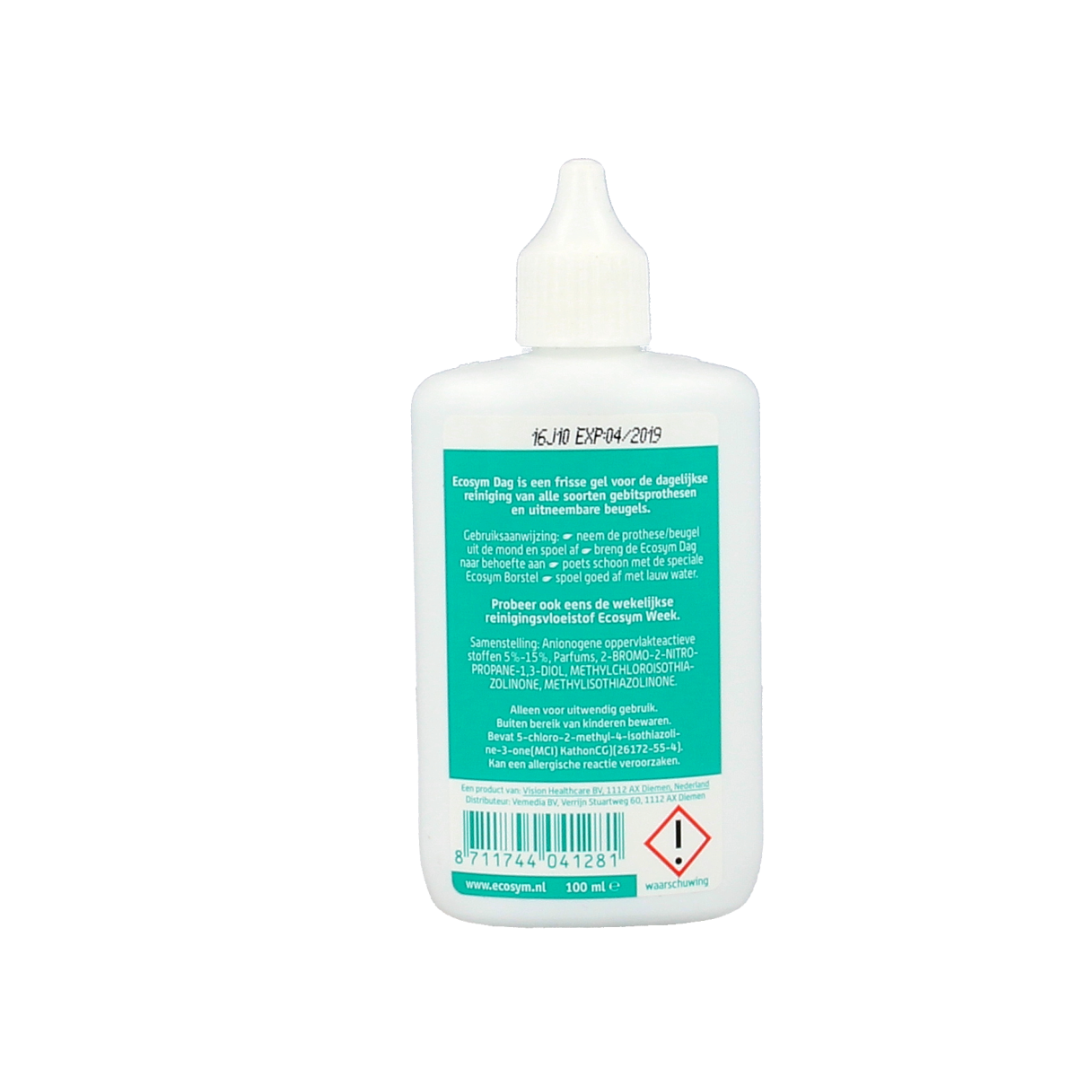 Ecosym Dagbehandeling gel for prostheses, 100ml bottle, with applicator for daily oral hygiene and prosthesis care.