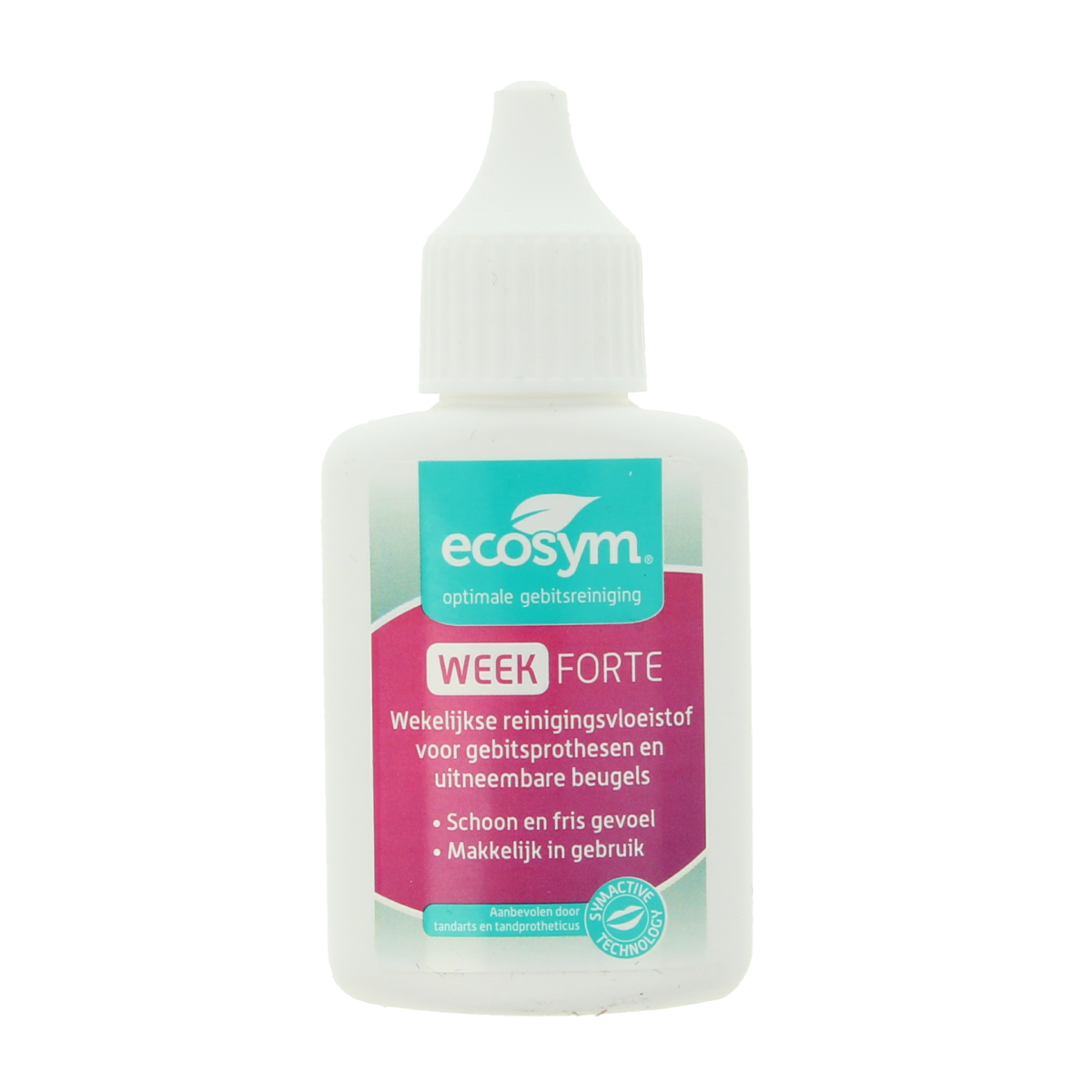 Ecosym Weekbehandeling Forte Mini prostheses care in 20ml bottle, designed for denture maintenance and oral hygiene.
