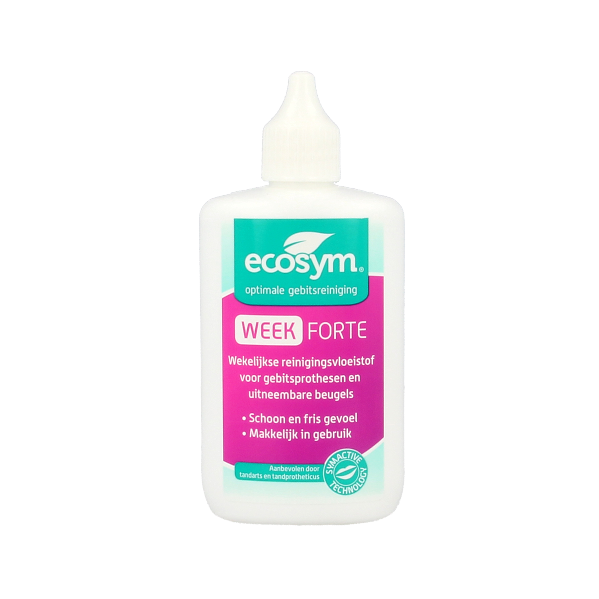 Ecosym Week Forte 100ml prosthesis care product bottle with label, designed for dental prostheses maintenance.
