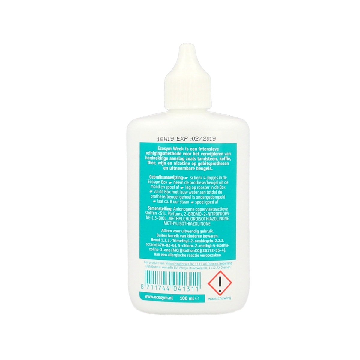 Ecosym Week Forte prosthetic product in 100ml bottle, designed for dental prostheses, with packaging label visible.