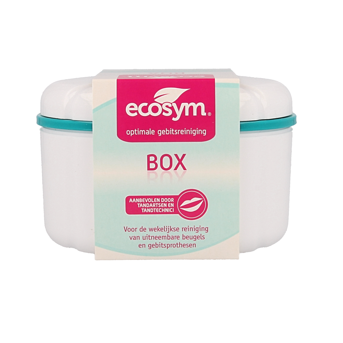 Ecosym Weekbehandeling gebitsbakje for dentures, single white plastic storage container for dental prostheses.