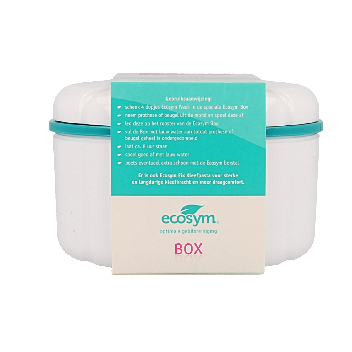Ecosym Weekbehandeling gebitsbakje for dentures, white plastic denture storage container, brand Ecosym, single piece.