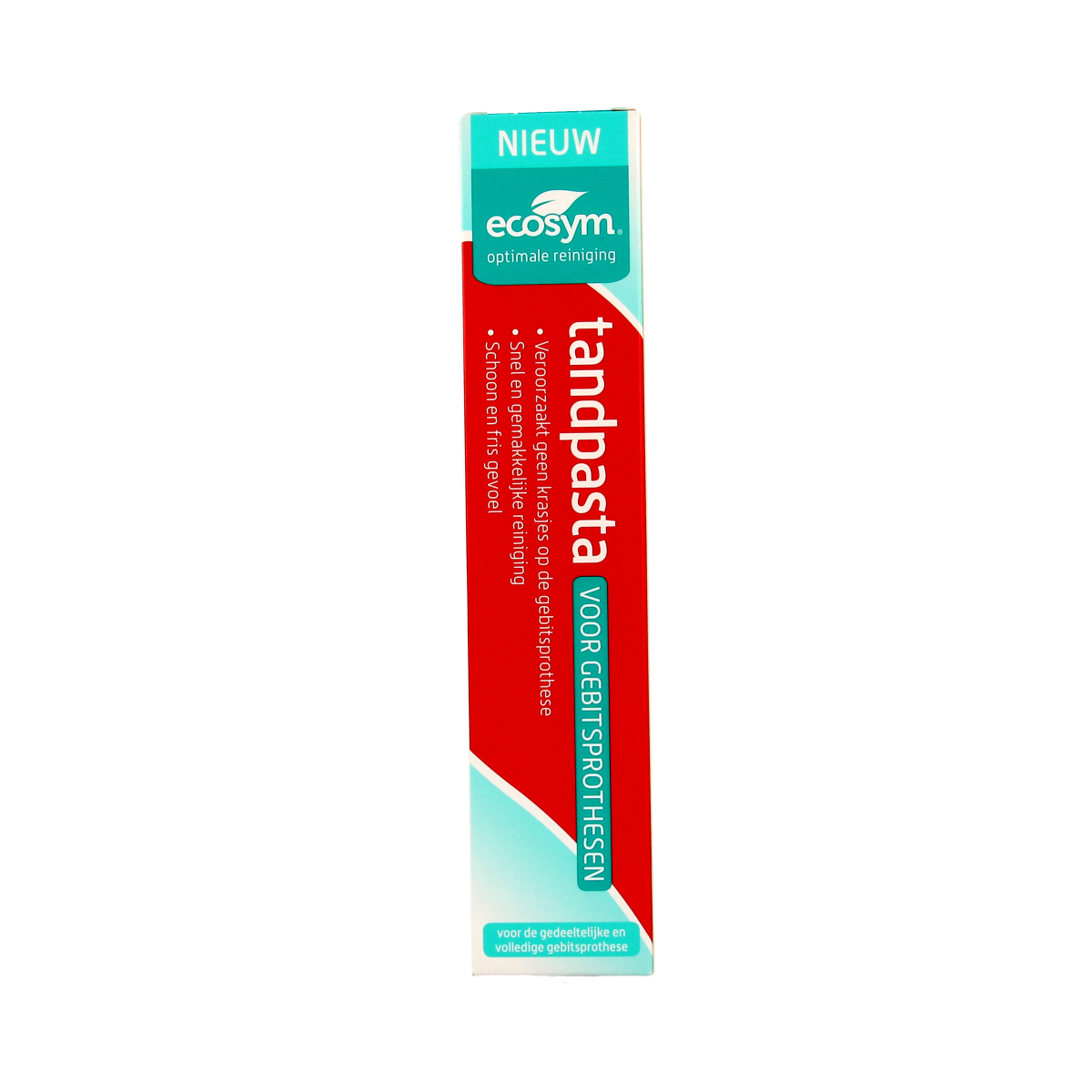 Ecosym denture toothpaste in 75ml tube, designed for cleaning dental prostheses, shown with the toothpaste tube on a white background.