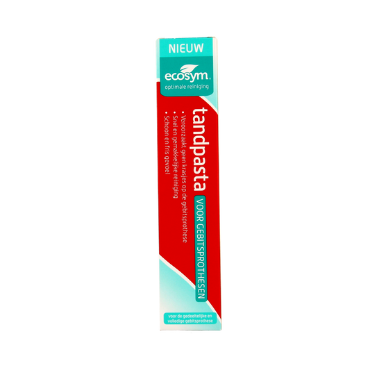 Ecosym denture toothpaste in 75ml tube, designed for cleaning dental prostheses, shown with the toothpaste tube on a white background.