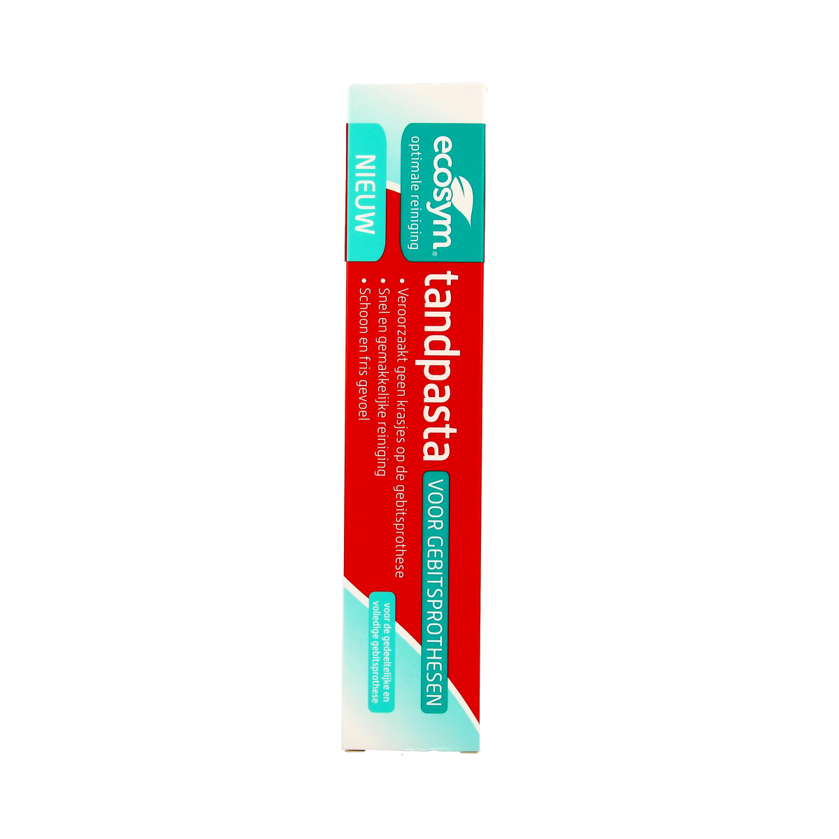 Ecosym denture toothpaste in 75ml tube, designed for cleaning and freshening prosthetic teeth, with a white and blue packaging.
