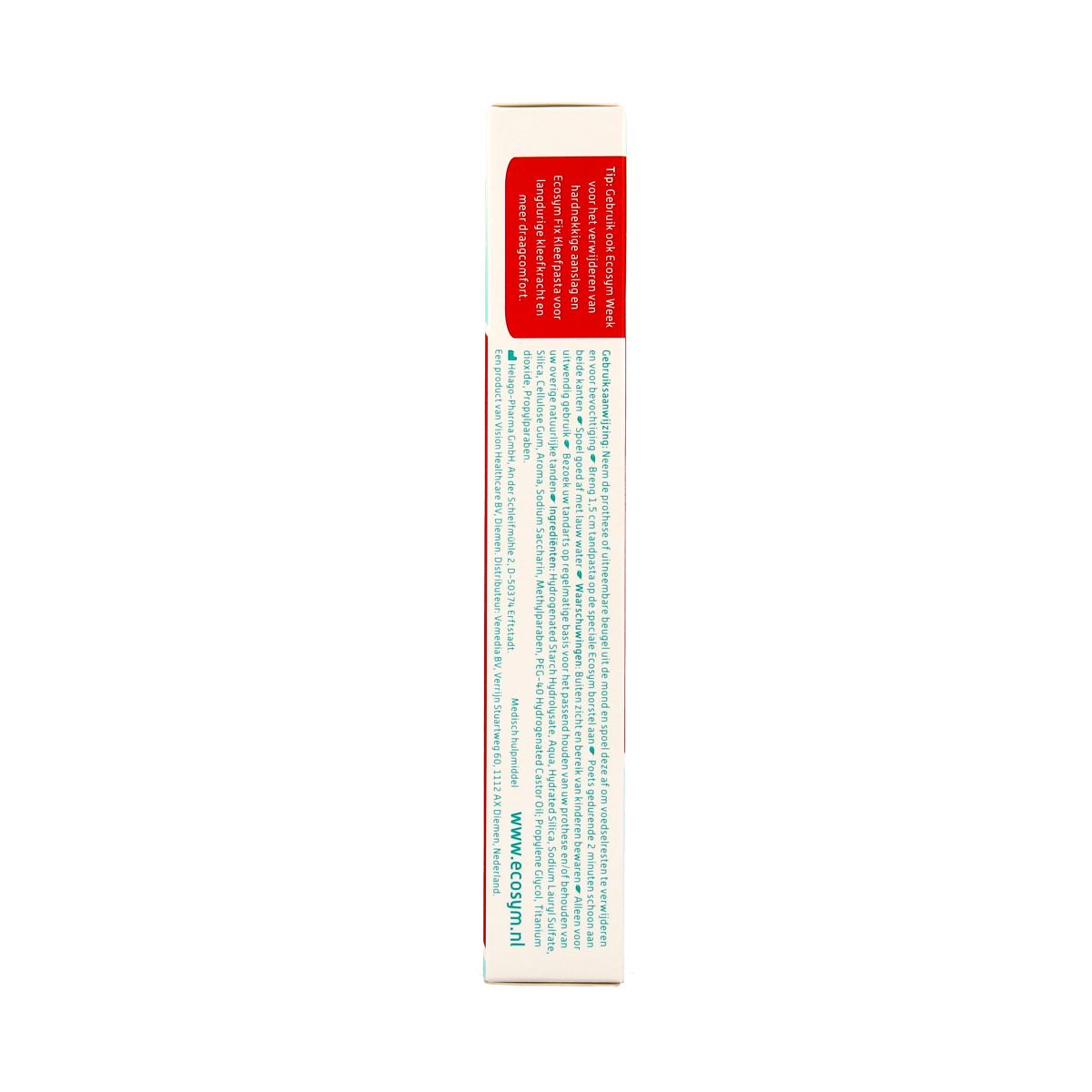 Ecosym denture toothpaste in 75ml tube, designed for cleaning and freshening prosthetic teeth, with a white and blue packaging design.