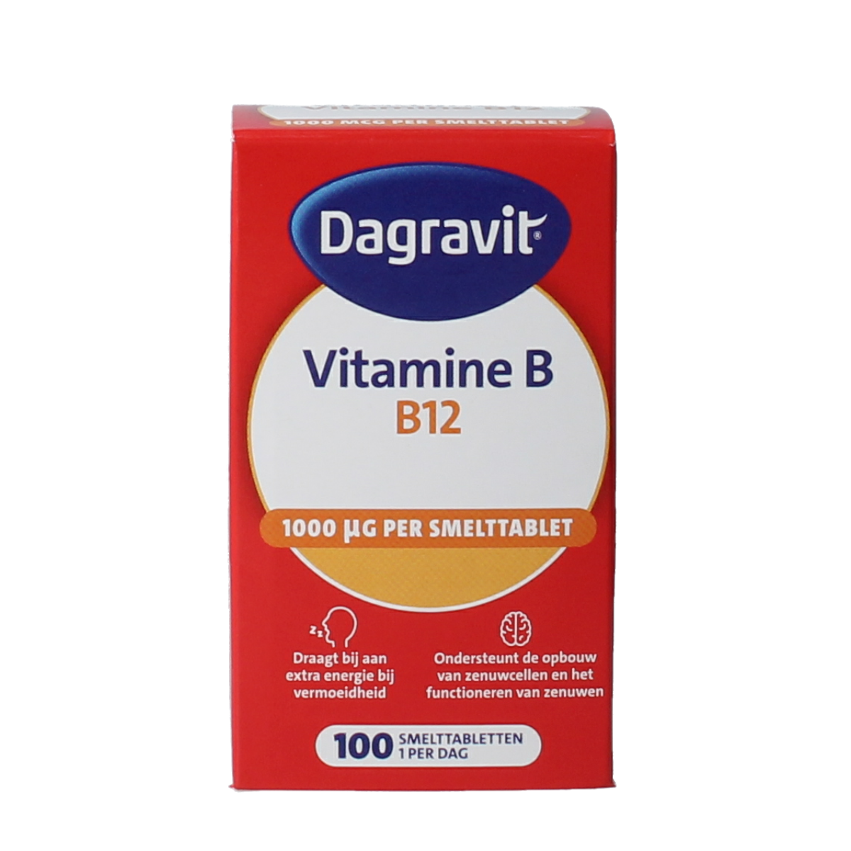 Dagravit Vitamin B12 1000mcg tablets, natural supplement in a bottle, showing the label and tablets inside
