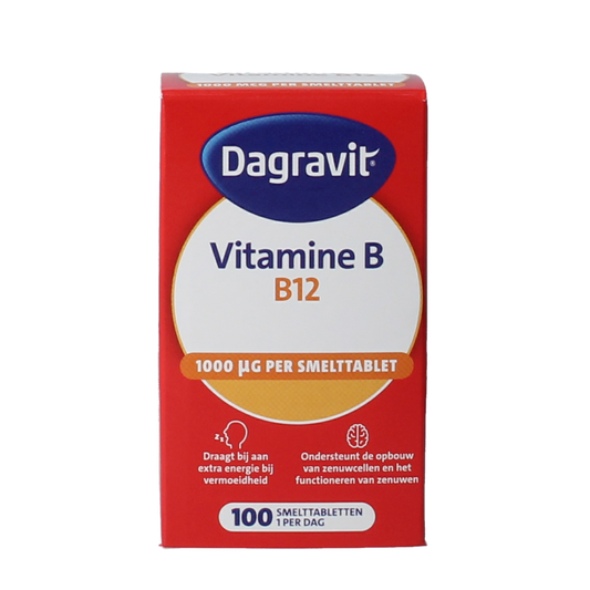 Dagravit Vitamin B12 1000mcg tablets, natural supplement in a bottle, showing the label and tablets inside