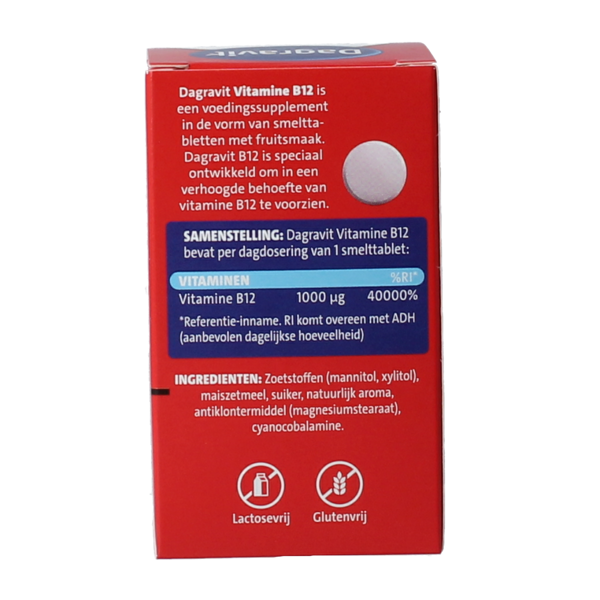 Dagravit Vitamin B12 1000mcg tablets, orange-flavored chewable supplement, showing a blister pack of 100 tablets.