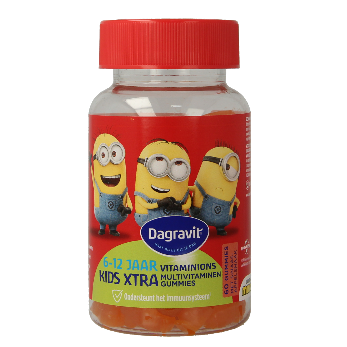 Dagravit Kids-Xtra multivitamin gummies for children aged 6+ in a colorful jar, featuring various fruit-shaped gummies.