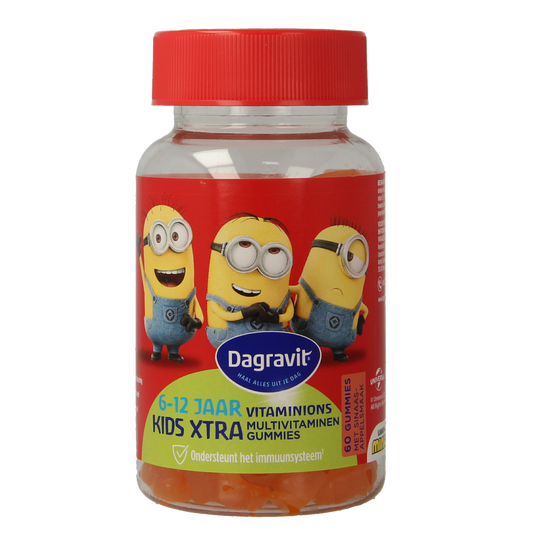 Dagravit Kids-Xtra multivitamin gummies for children aged 6+ in a colorful jar, featuring various fruit-shaped gummies.