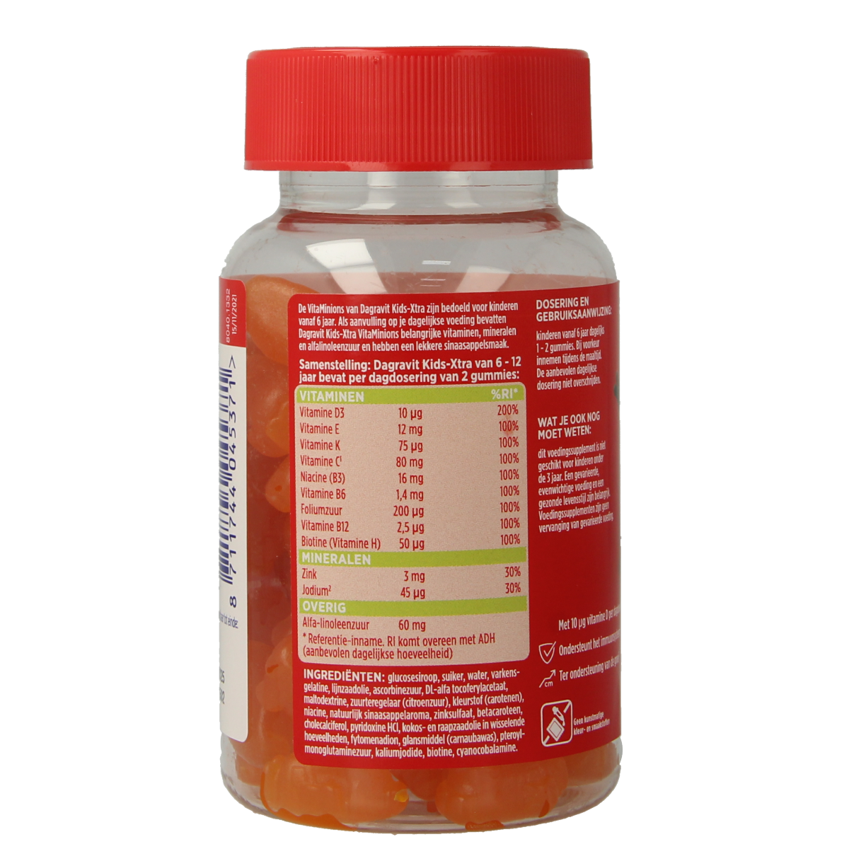 Dagravit Kids-Xtra multivitamin gummies for children aged 6+, 60 orange-flavored chewable vitamins in a container.