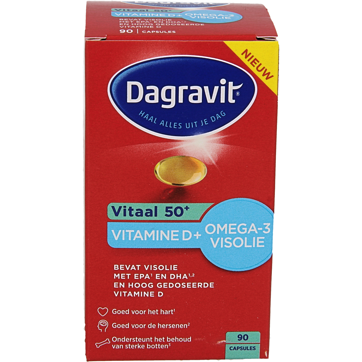 Dagravit Vitaal 50+ multivitamine met omega-3 en vitamine D in een pot met 90 capsules voor ouderen.