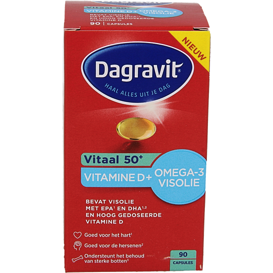 Dagravit Vitaal 50+ multivitamine met omega-3 en vitamine D in een pot met 90 capsules voor ouderen.