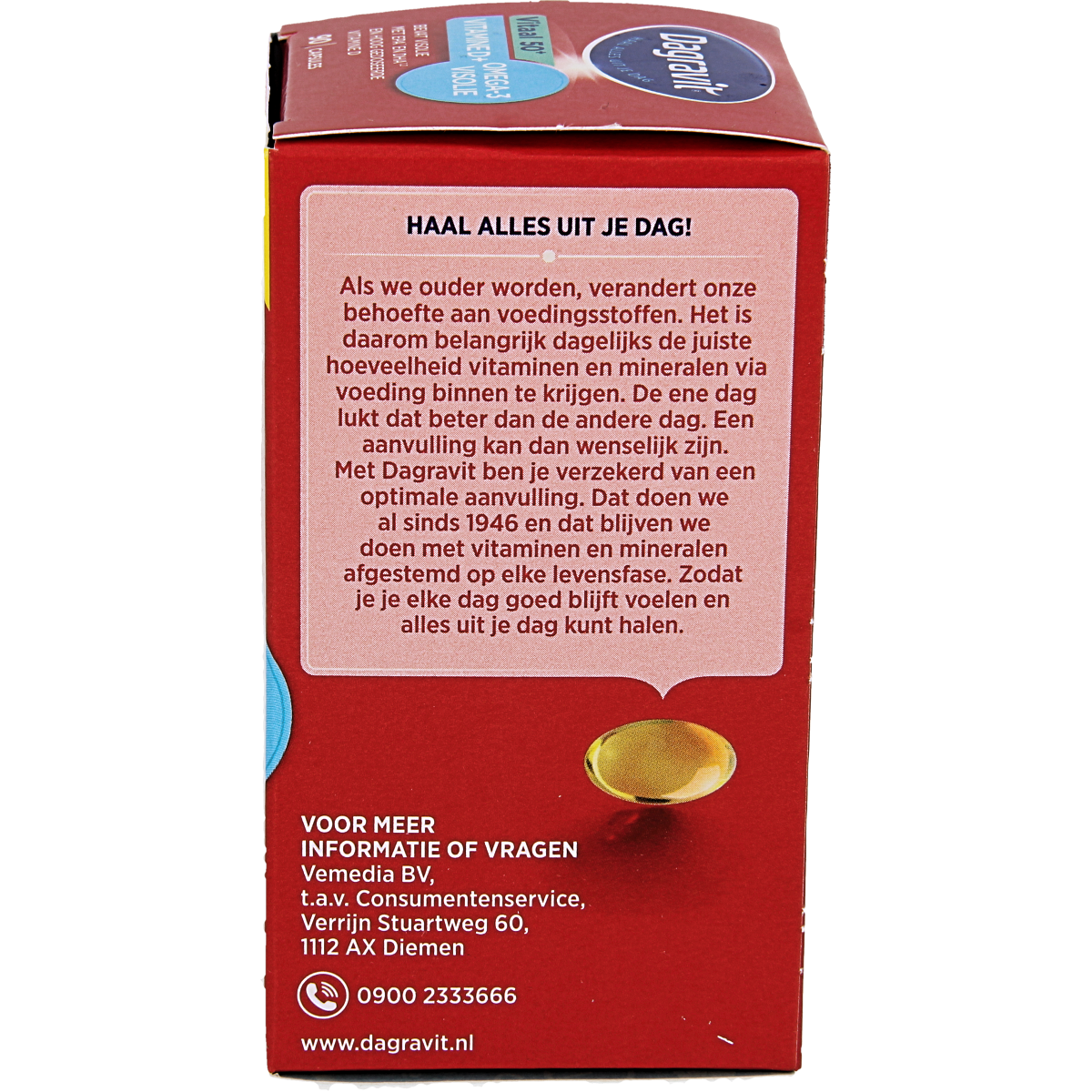 Dagravit Vitaal 50+ multivitamin capsules with omega and vitamin D, 90-count bottle, showing the supplement capsules in the image.
