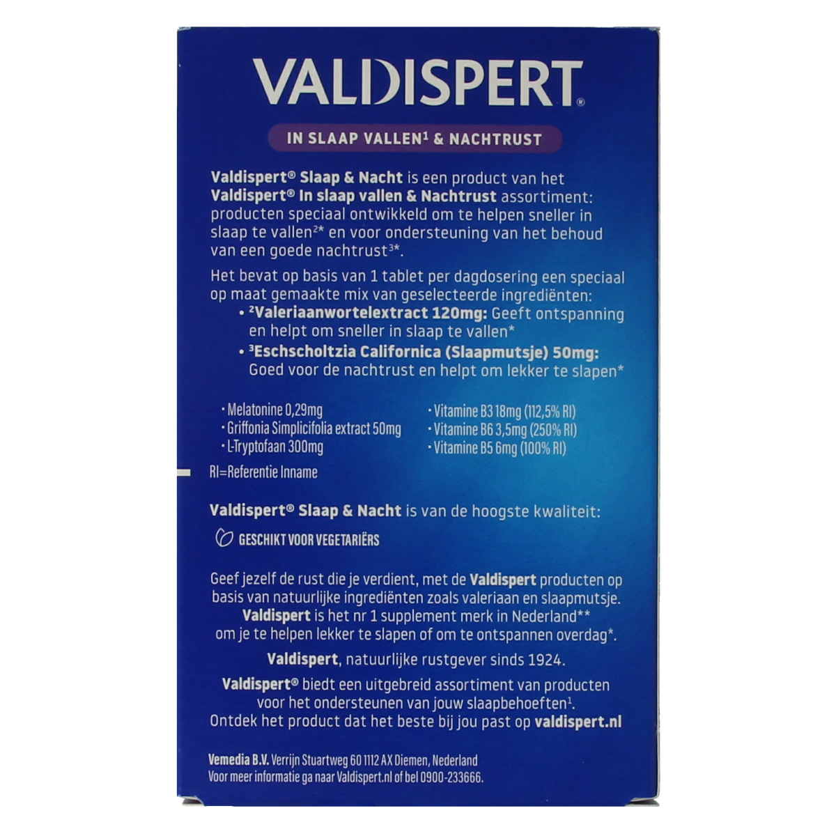 Valdispert Nacht melatonine 5-HTP herbal supplement tablets in a blister pack for better sleep and relaxation.