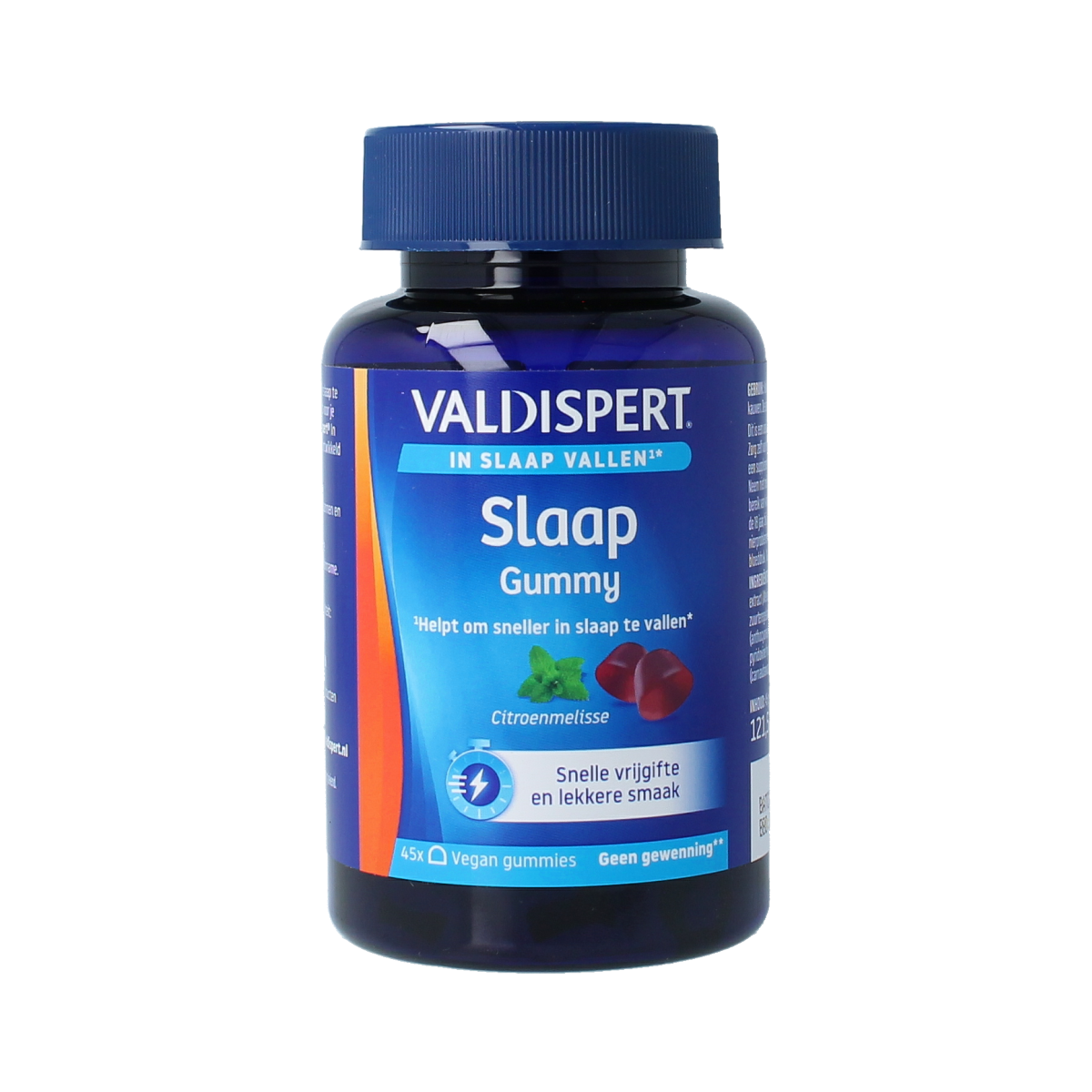 Valdispert Natural Sleep Gummies in a transparent bottle, showing green and white gummy supplements for relaxation and sleep.