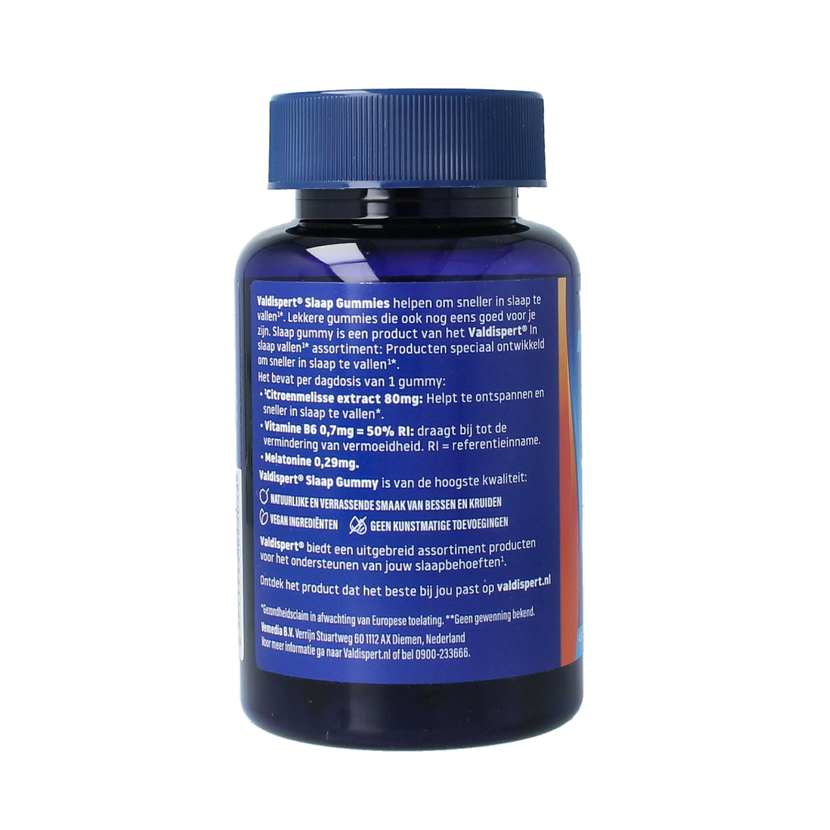Valdispert Natural Sleep Gummies in a clear container, showing 45 herbal supplement gummies for restful sleep.