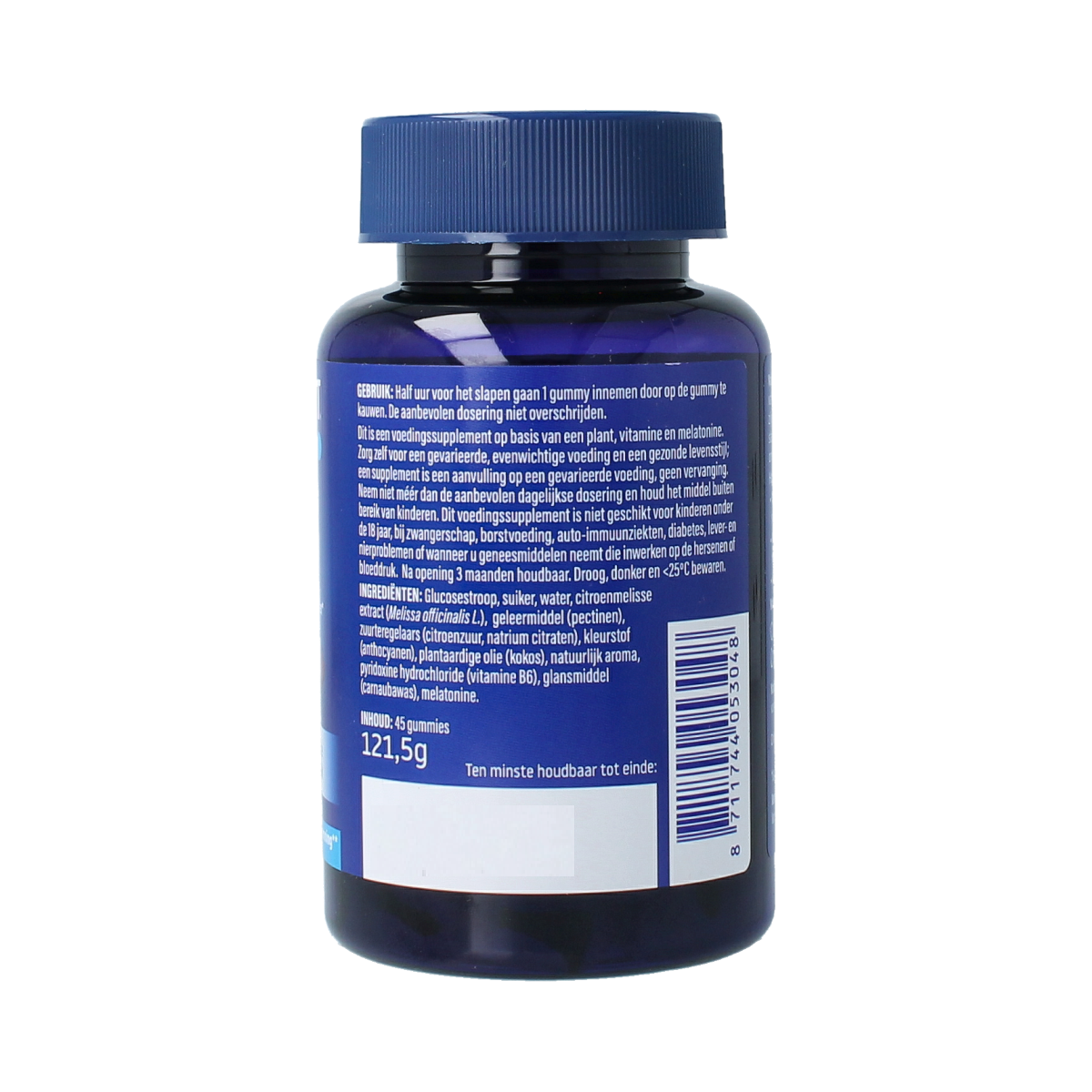 Valdispert Natural Sleep Gummies, herbal supplement, showing a clear view of the bottle and colorful gummies inside.