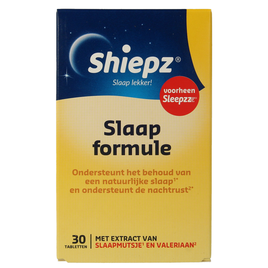 Shiepz Slaapformule herbal supplement pack with 30 pieces, natural herbal remedies for sleep support.