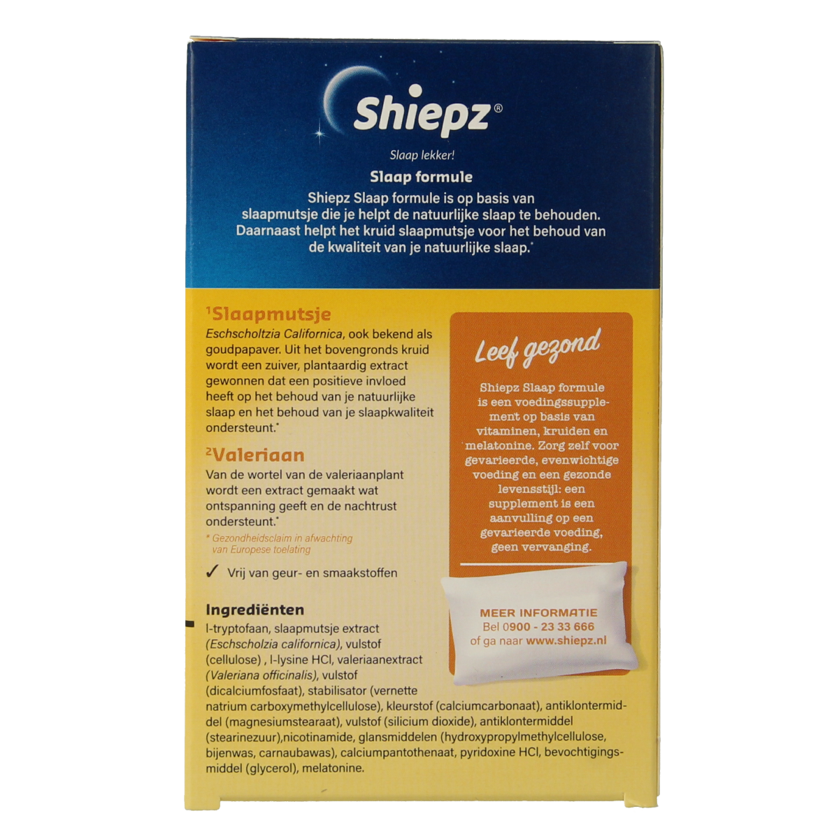 Shiepz Kruidenpreparaten Slaapformule 30 stuks, herbal sleep aid with natural ingredients, in packaging with label and product details.