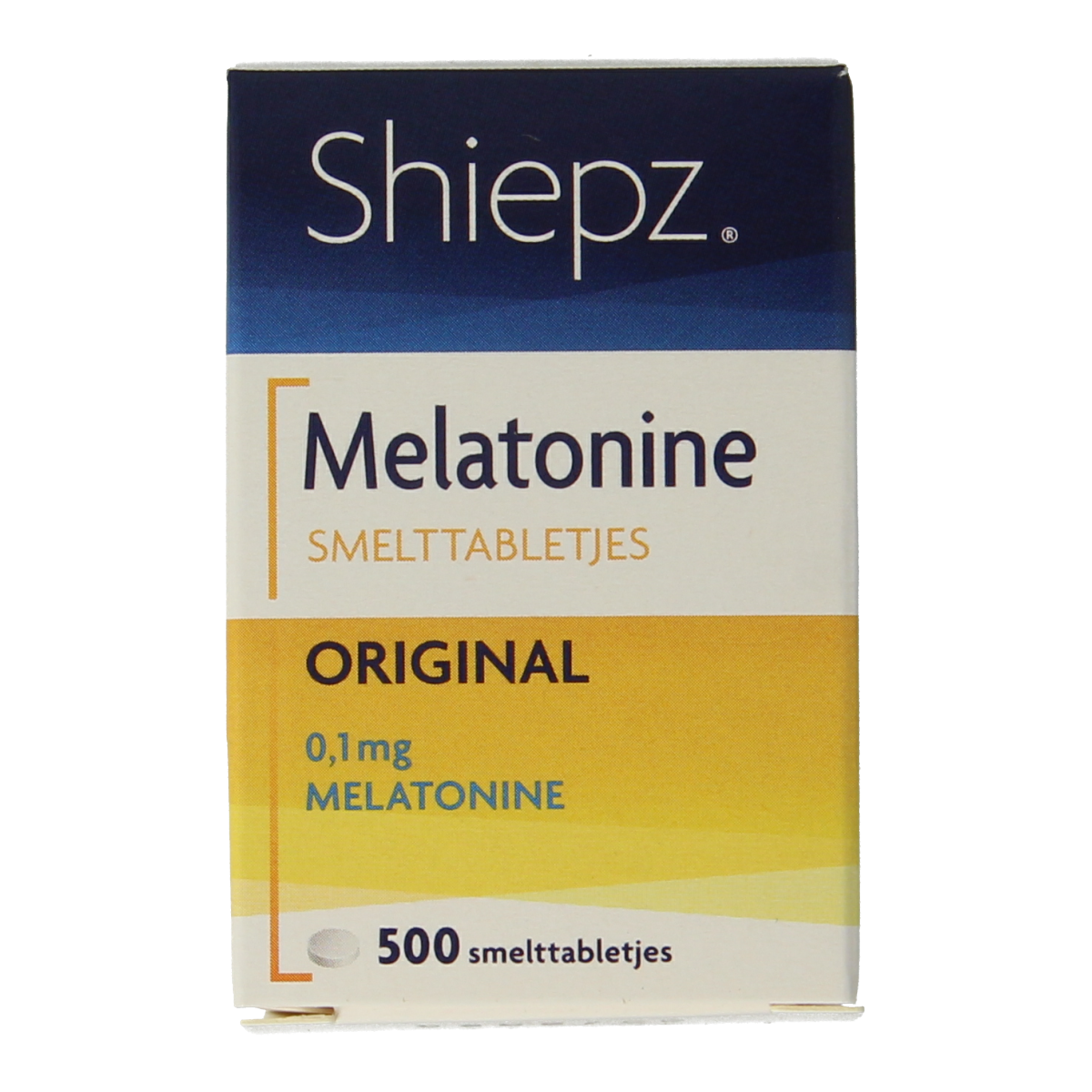 Shiepz Melatonine original 500mg herbal tablets in a clear bottle with label, designed for natural sleep support.