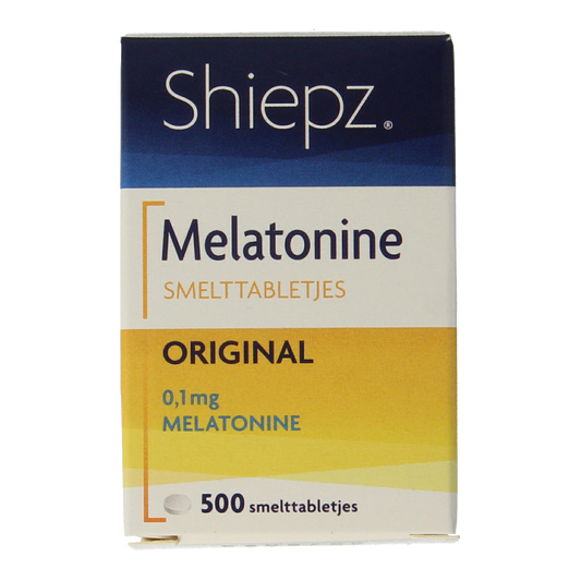 Shiepz Melatonine original 500mg herbal tablets in a clear bottle with label, designed for natural sleep support.