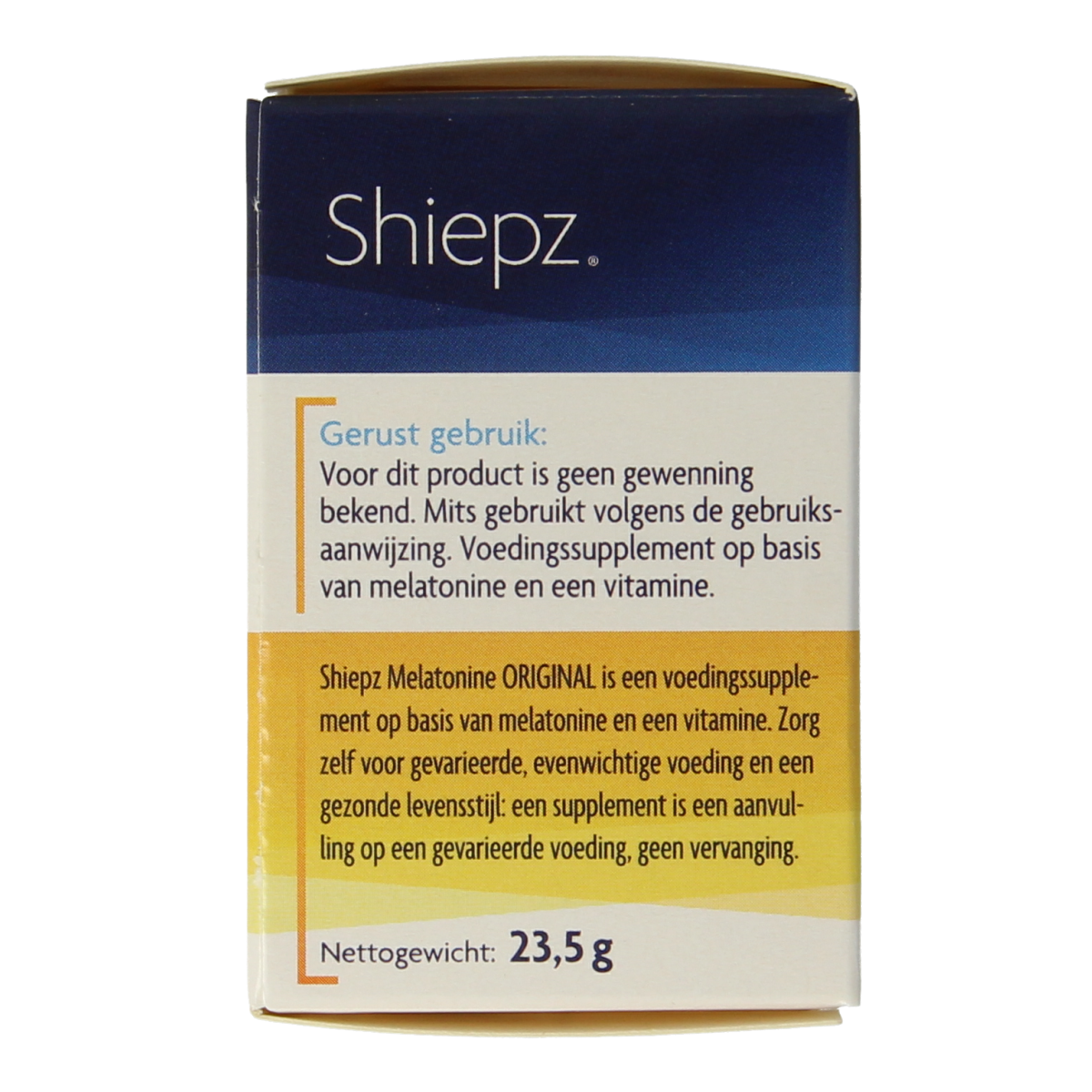 Shiepz Melatonine original 500 mg herbal supplement in a bottle of tablets, used to support sleep and relaxation.