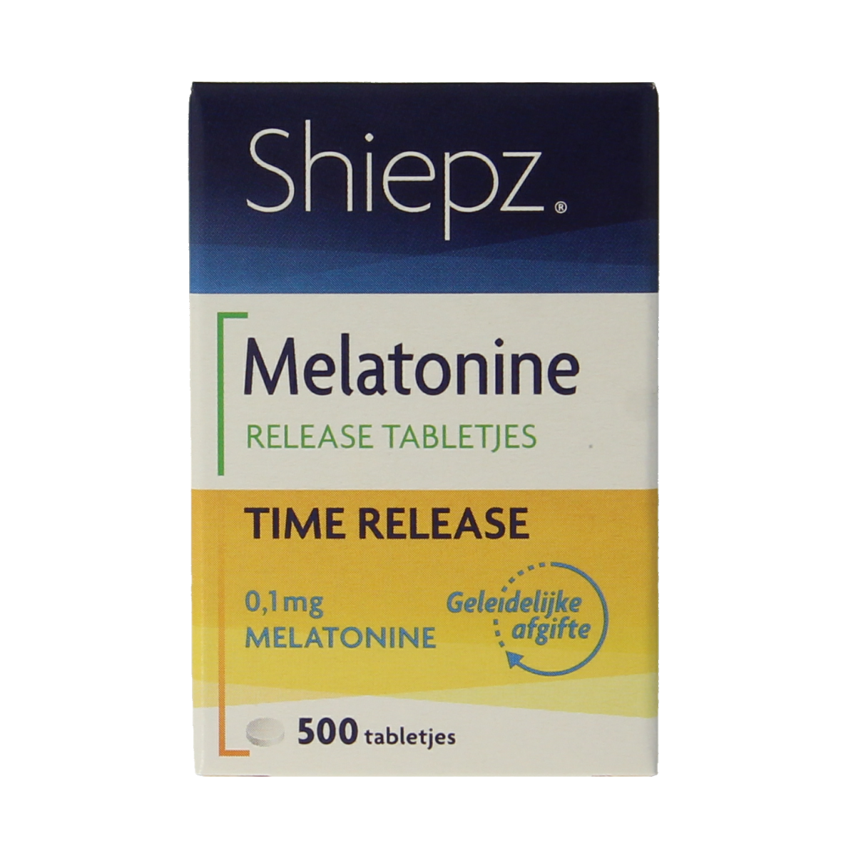 Shiepz Melatonine time release 500mg herbal supplement tablets in a blister pack, used for sleep support and relaxation.