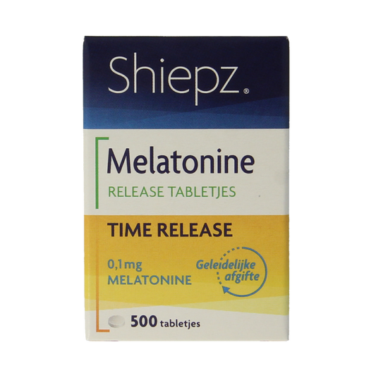 Shiepz Melatonine time release 500mg herbal supplement tablets in a blister pack, used for sleep support and relaxation.