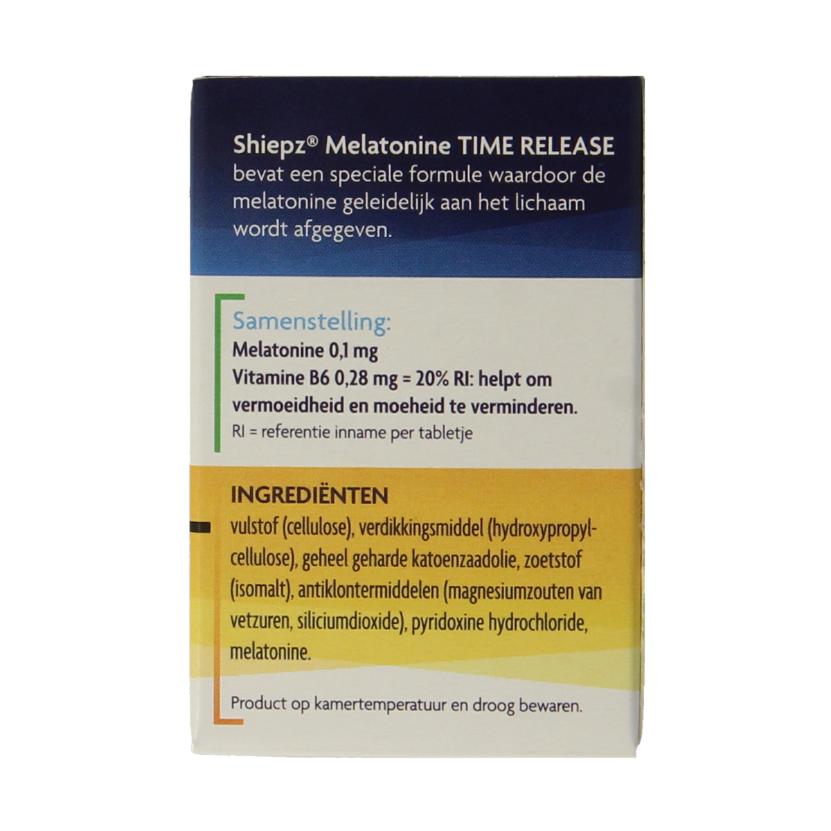 Shiepz Melatonine time release 500mg herbal supplement tablets, close-up of the bottle with tablets inside.