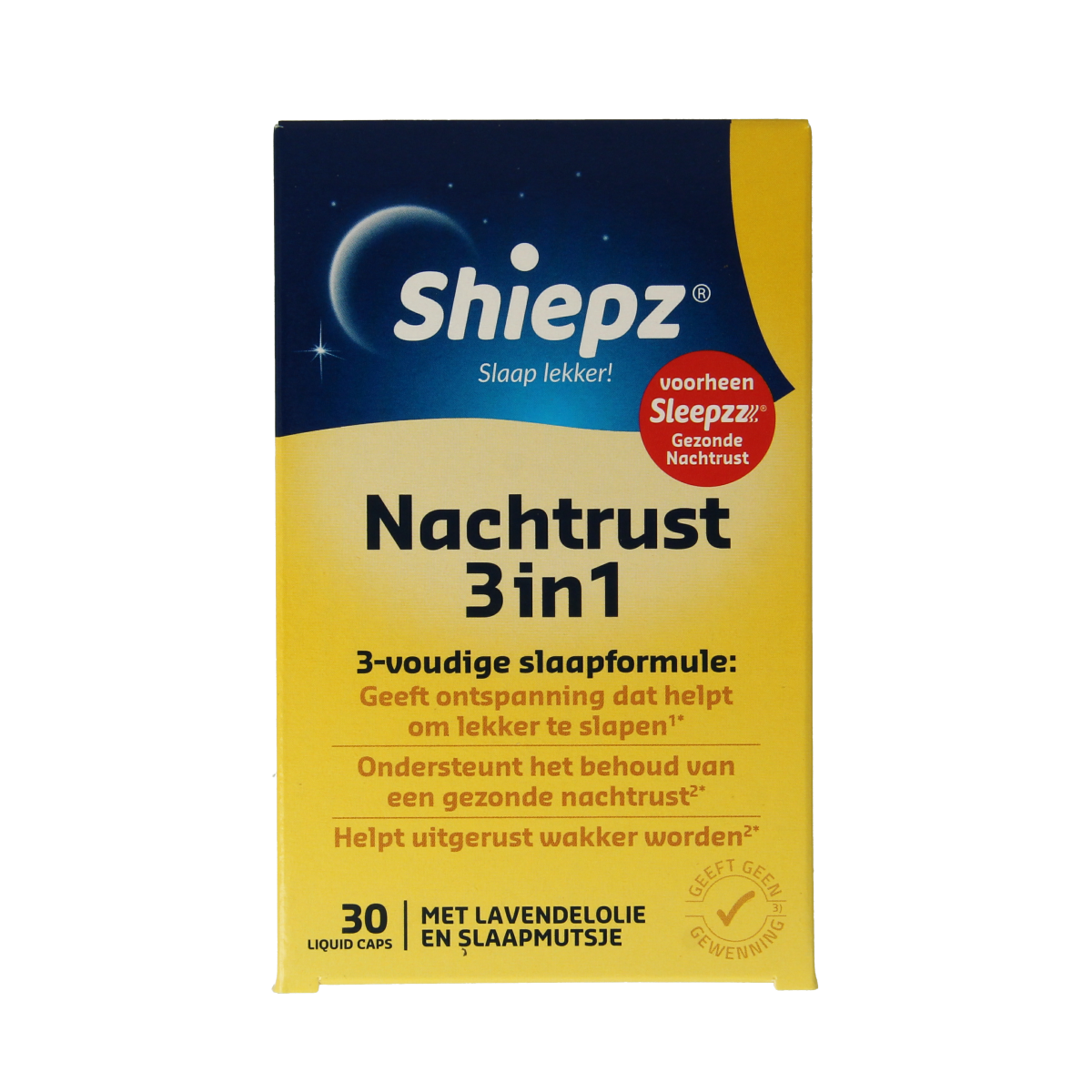 Shiepz Nachtrust 3 in 1 kruidenpreparaten, 30 stukjes, herbal supplement packaging with green and white branding