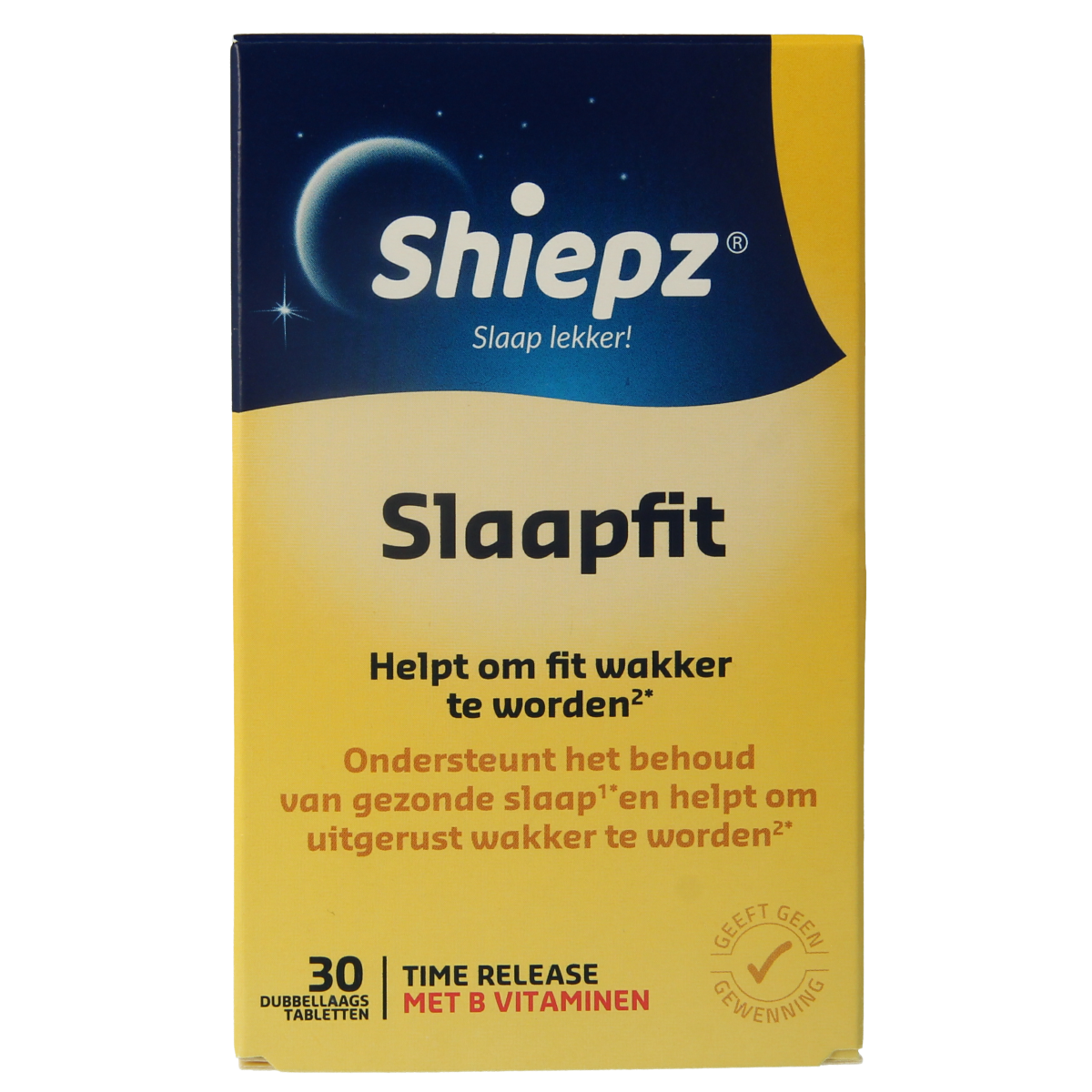 Shiepz Slaapfit herbal supplement box with 30 tablets, natural herbal preparation for sleep support, showing the product packaging