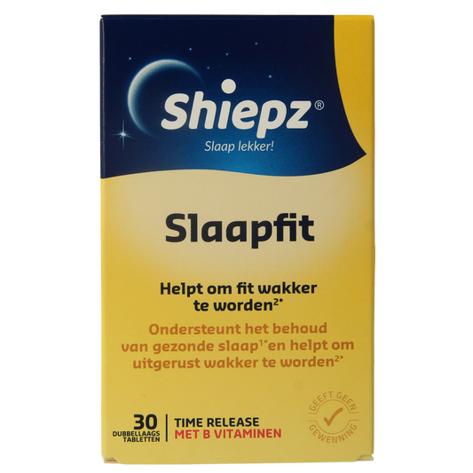 Shiepz Slaapfit herbal supplement box with 30 tablets, natural herbal preparation for sleep support, showing the product packaging