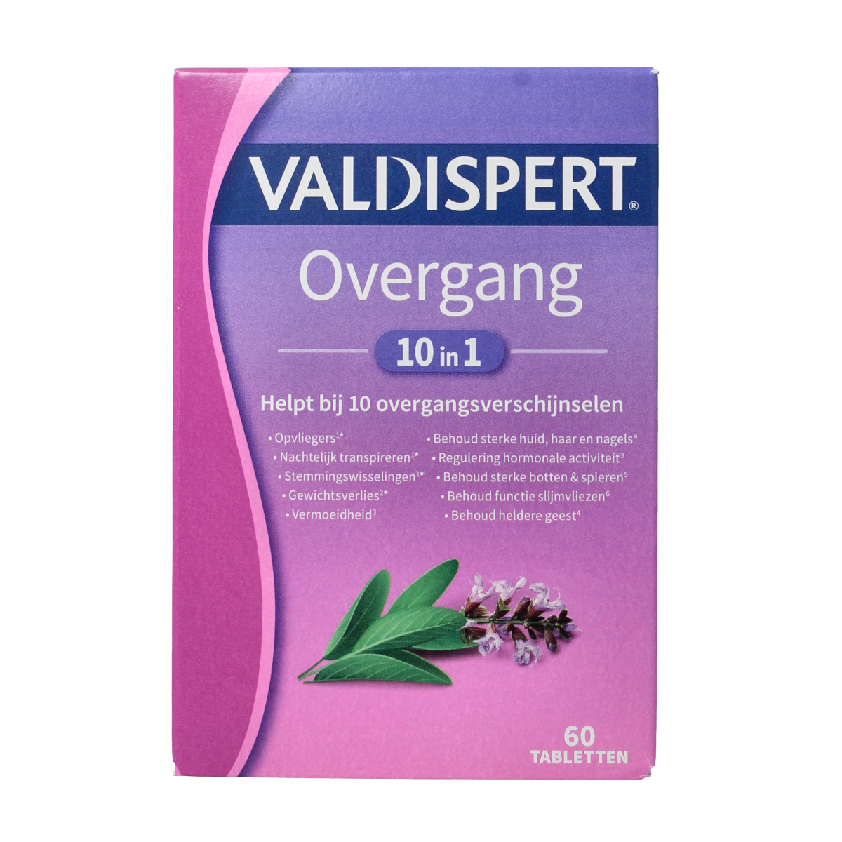 Valdispert Overgang 10 in 1 herbal supplement box with 60 tablets, natural remedy for women's health, shown in packaging image