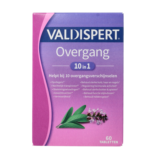 Valdispert Overgang 10 in 1 herbal supplement box with 60 tablets, natural remedy for women's health, shown in packaging image