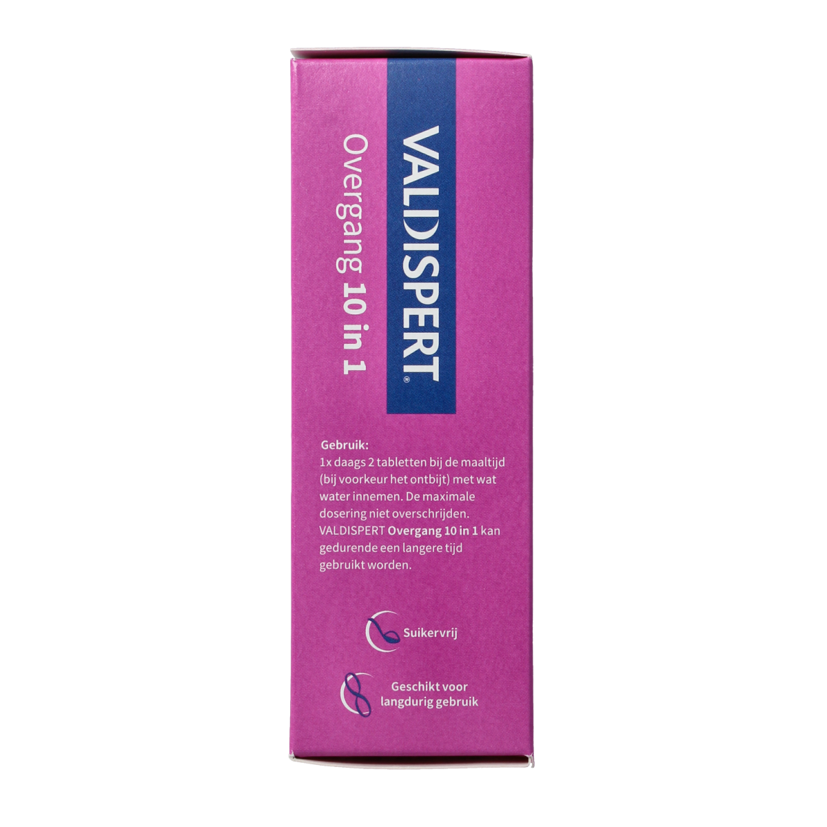 Valdispert Overgang 10 in 1 herbal supplement bottles, 60 tablets, for supporting women's health and well-being.